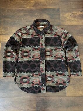 Maurices Multicolor Aztec Plaid‎ Shacket in Burgundy, Black, and Cream